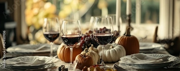 Fototapeta Three glasses of red wine stand on a table with autumnal decorations for a festive thanksgiving meal
