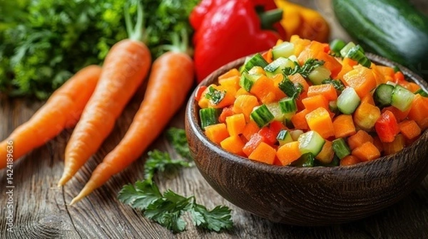 Fototapeta Fresh cut vegetables. Wooden bowl. Rustic table backdrop