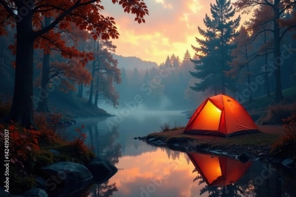 Obraz Misty autumn forest riverbank, illuminated tent glows , red, mood