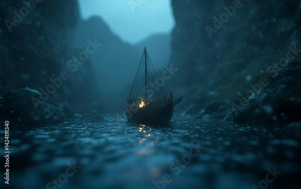 Obraz A solitary boat navigates through misty waters, surrounded by towering cliffs, creating a serene and mysterious atmosphere.