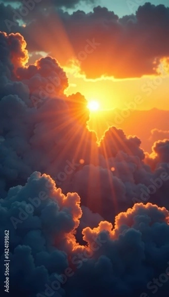 Obraz Golden hour sun rays pierce fluffy clouds, vibrant hues , atmospheric, sun