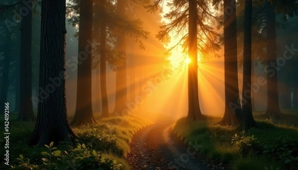 Obraz Golden sunrise beams through misty forest trees, serene, nature