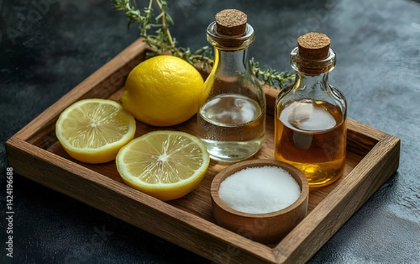 Fototapeta Fresh ingredients on a wooden tray, including lemon slices, oils in glass bottles, and salt for culinary delight.