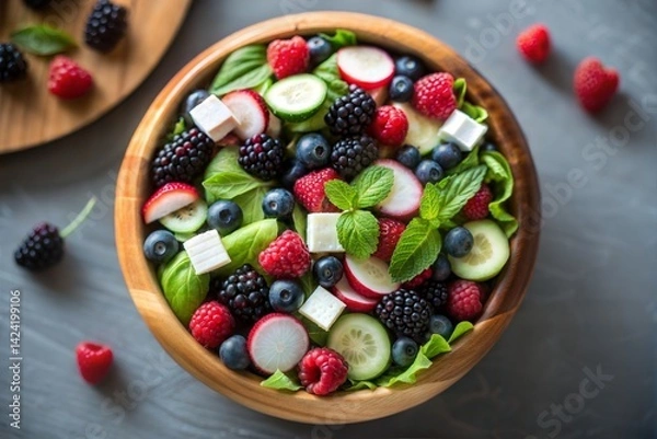 Fototapeta Top View of Colorful Mixed Berry and Vegetable Salad with Feta Cheese and Mint Fresh Organic Ingredients in Wooden Bowl on Gray Background for Healthy Eating, Food Styling or Summer Recipe