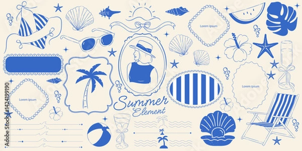 Fototapeta Vintage summer set of doodle hand drawn objects. Vintage summer symbols. Vacations, tourism, logo, frame, divider, icon.