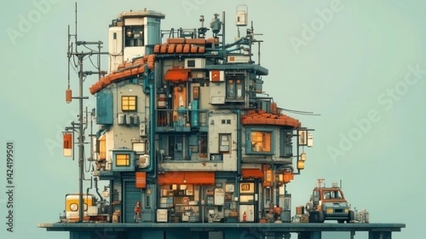 Fototapeta A stylized, multi-level, densely packed building with an asian-inspired aesthetic.