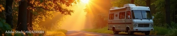 Obraz Golden sunburst filters through leaves onto RV in campsite , leisure, morning