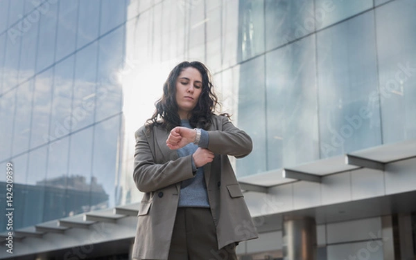Obraz Confident woman in suit looking at her watch in front of modern glass building