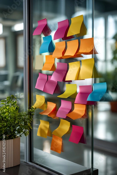 Fototapeta Vibrant sticky notes on clear glass wall, loud budgeting goals and financial control display