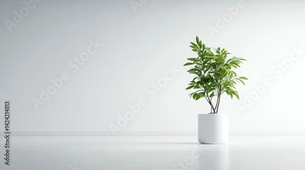 Fototapeta Plant in White Pot Minimalist Style High-Resolution Lighting Wide Angle Shot Simple Design Existing peacefully White background Calm serene tones Interior design inspiration