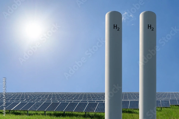 Fototapeta Green hydrogen from photovoltaic systems using electrolysis – storage in H2 tanks