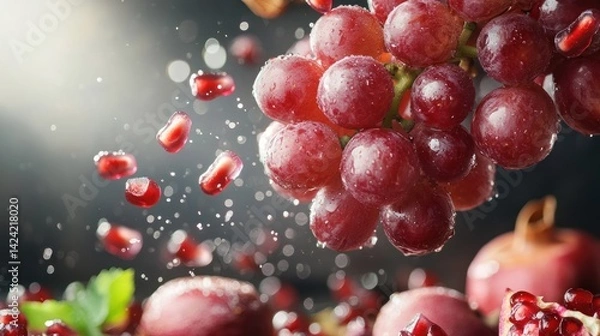 Fototapeta Red grapes and pomegranate seeds in motion, bursting with freshness.