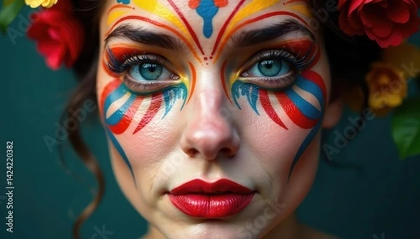 Fototapeta Symmetrical lines on a painted face, intricate details, contemporary, pattern