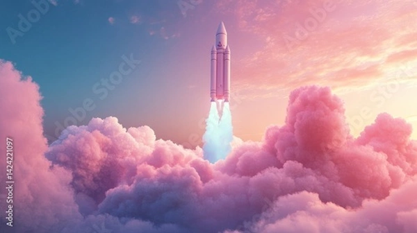 Fototapeta Powerful rocket launch through ethereal clouds at sunrise.