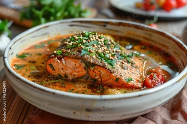 Fototapeta Close-up of a salmon fillet soup garnished with herbs and sesame seeds in a rustic ceramic bowl on a wooden table.