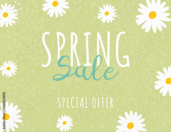 Fototapeta Hand drawn cutest banner for Spring Sale with Flowers and Texture. Handwritten Floral template for Spring Season. Vector illustration