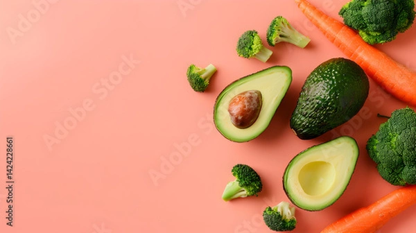 Fototapeta vegetables on light orange background top view with space for text, diet banner with copy space