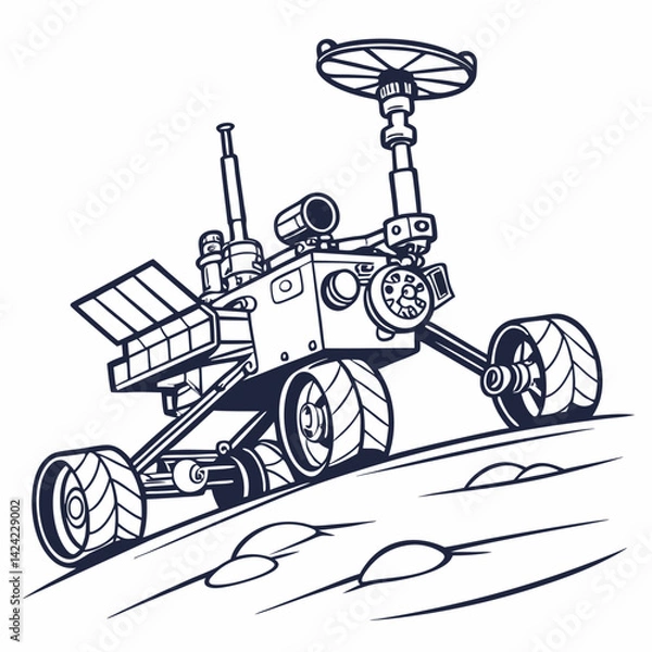 Obraz Outline Vector Illustration Of A Mars Rover Exploring The Surface Of A Planet