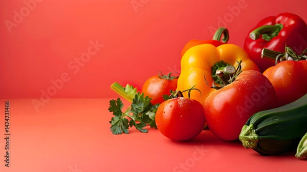 Fototapeta vegetables on light red background with copy space, healthy  banner