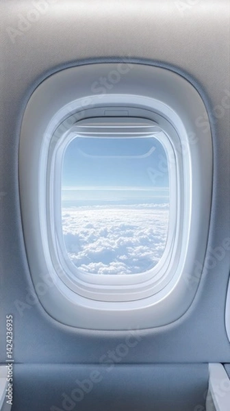 Obraz An airplane window seat, showing a vast sky filled with fluffy clouds.