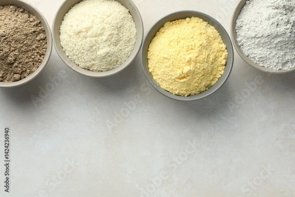 Fototapeta Different types of flour in bowls on light grey table, flat lay. Space for text