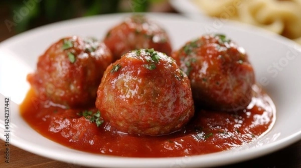 Obraz Closeup of Four Juicy Meatballs in Red Tomato Sauce