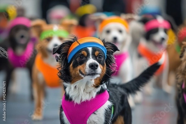 Fototapeta A canine aerobics class where dogs in colorful sweatbands perform synchronized tail wagging routines, resulting in a chaotic but adorable mess