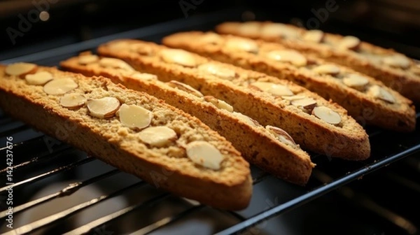 Obraz Golden Brown Almond Biscotti on Baking Rack
