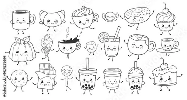 Fototapeta Vector line art illustration of a collection of cute food and drink characters with smiling faces and different emotions.