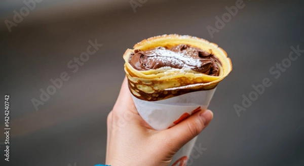 Fototapeta Close-up of a hand holding chocolate-filled crepe wrapped in paper