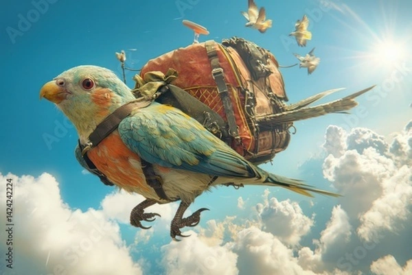 Fototapeta A bird-run travel agency offering guided tours of the sky, with each tour humorously going off course due to the birds getting distracted by shiny objects