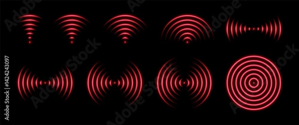 Fototapeta Radar waves with neon glow. Wifi signal sensor and radio frequencies. Scanning and detecting obstacles or target. Set of red vector abstract symbols.