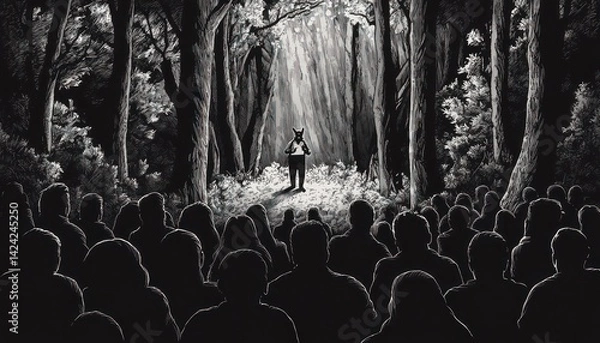 Fototapeta A comedy club night in the forest, with skunks as stand-up comedians, telling stinky jokes that have the audience rolling on the forest floor
