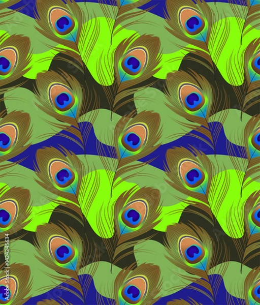Fototapeta Peacock feathers on a colorful background. Seamless pattern, print, wallpaper, vector illustration