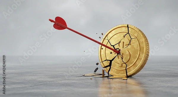 Fototapeta Investment Failure or Risk Broken Coin with Red Arrow