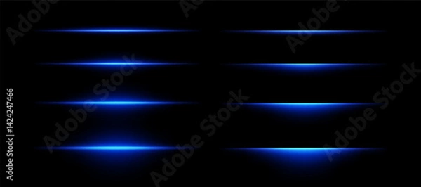 Fototapeta Neon line light with flare effect. Blue laser beam glow. Horizontal led strip. Vector set of dynamic futuristic dividers isolated on black background.