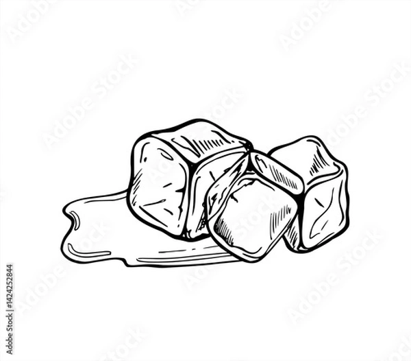 Obraz Monochrome melting ice cubes with spreading water puddle vector illustration painted by black inks. Etching drawing of frozen cubes for beverage branding, scientific infographics on phase transitions