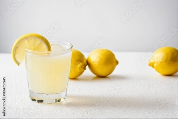 Fototapeta Fresh Lemonade in Glass with Lemon Slices – Refreshing Drink for Summer, Hydration, and Natural Citrus Flavor Concepts