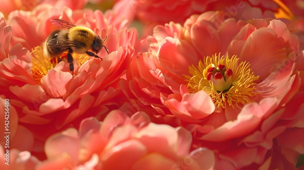 Fototapeta close up of a bee sitting on a coral peony