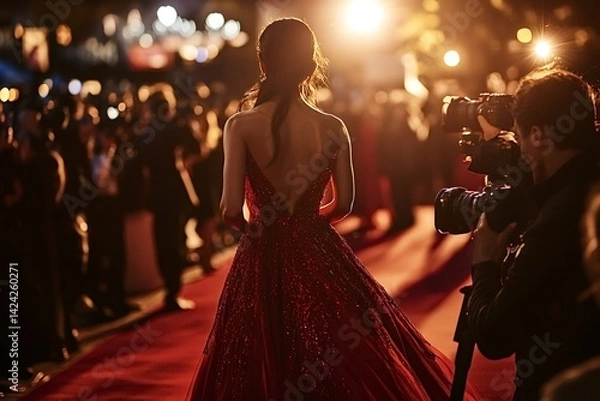 Obraz Famous actress wearing an elegant red dress is walking on the red carpet during a movie premiere, while a press photographer is taking pictures of her