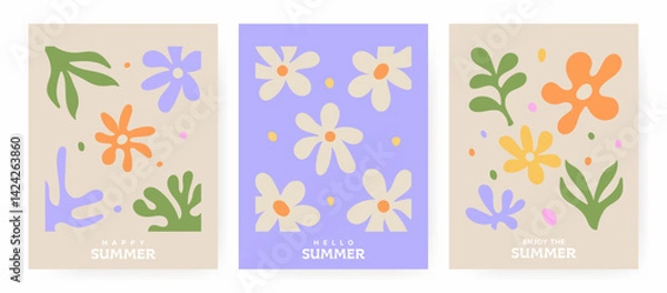 Fototapeta Three cheerful summer-themed posters with abstract floral designs in bright colors. Each has a unique message: “Happy Summer,” “Hello Summer,” and “Enjoy the Summer.”