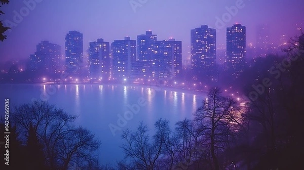 Fototapeta City skyline reflected in calm water at twilight
