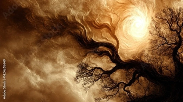 Obraz Surreal Tree  Swirling Sky  Abstract Nature  Golden Clouds  Fantasy Art