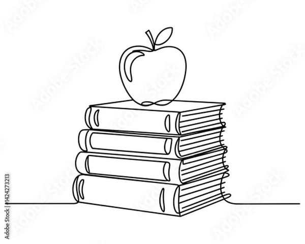 Fototapeta A stack of books topped with an apple, continuous line art illustration, concept of knowledge, education, and academic achievement