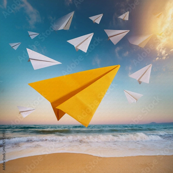 Obraz yellow plane and white paper planes in the sky oil painting style  illustration
