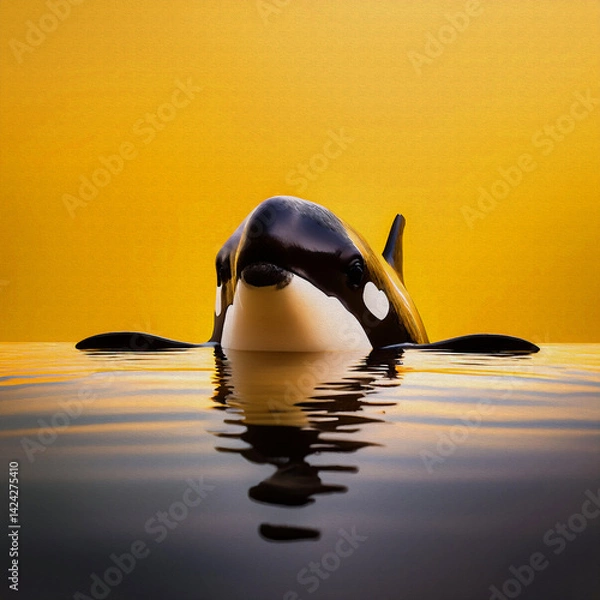 Obraz orca whale  peeking over a surface in yellow background oil painting style illustration