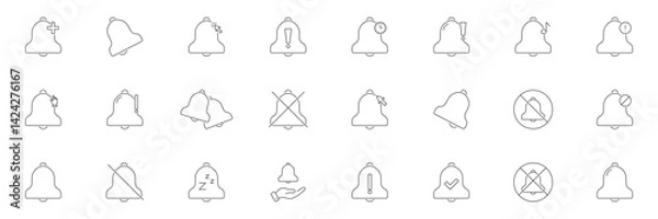 Fototapeta Notification Bell Line Icon Set. Alert, Reminder, And Notification Management Outline Symbol Collection. Includes Mute, Snooze, And Priority Indicators. Editable Stroke. Isolated Vector Illustration