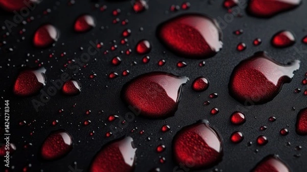Fototapeta Macro Photo of Red Liquid Droplets on a Textured Black Surface