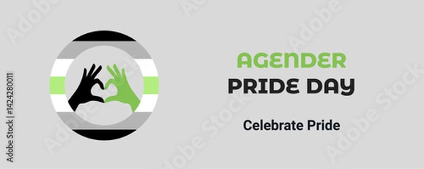 Obraz Agender Pride Day, 19th May, agender pride flag in a circle heart love gesture inside the circle. Hand heart love gesture agender pride flag. Agender Pride Day vector banner.