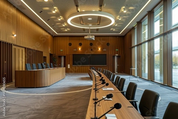 Fototapeta Highquality microphone positioned in front of a spacious conference room for professional events